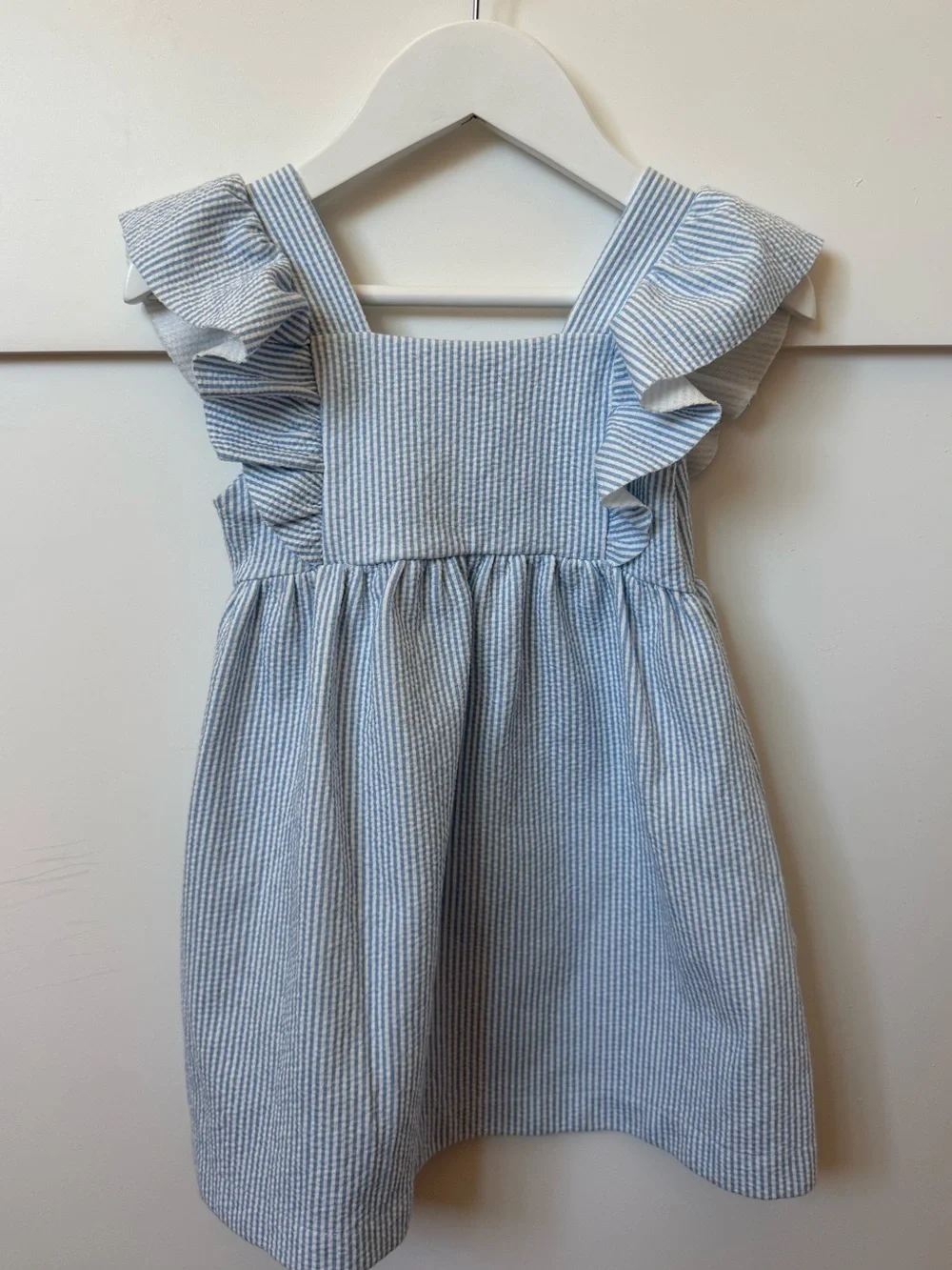 Little Girls' Blue Seersucker Ruffle Shoulder Dress
